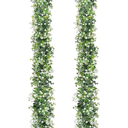 LOMOHOO 2PCS 12FT Artificial Eucalyptus Garland With White Flowers, Fake Leaves Green Garland Artificial Foliage Garland, Greenery Garlands for Home Decoration Wedding Backdrop Table Arch Wall Decor