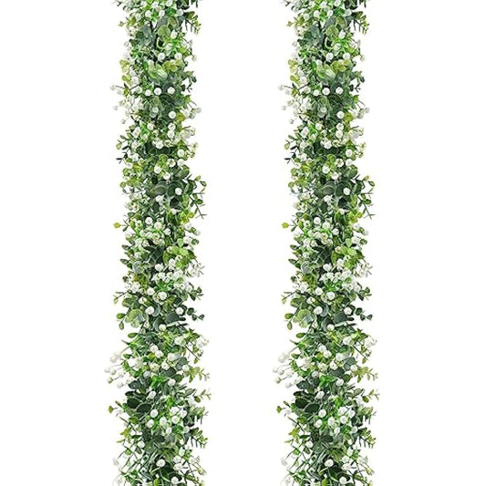LOMOHOO 2PCS 12FT Artificial Eucalyptus Garland With White Flowers, Fake Leaves Green Garland Artificial Foliage Garland, Greenery Garlands for Home Decoration Wedding Backdrop Table Arch Wall Decor