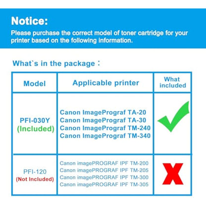 LCL Compatible Ink Cartridge PFI030 (Yellow) for Canon ImagePrograf TA-20, TA-30, TM-240, TM-340 (1Pack Yellow, 55ml, Waterproof, Light Resistant, Excellent Reliability)