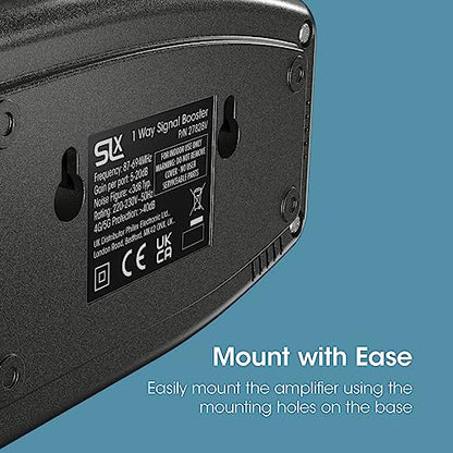 SLx TV Signal Booster Aerial Amplifier, 1 Way Signal Distribution Amplifier with Coax Connections, 4G & 5G Filtering, Indoor TV Aerial, HD & 4K TV/FM/DAB & Freeview, Variable Gain Control