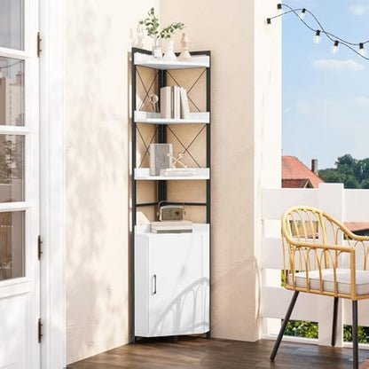 YITAHOME Corner Shelf 4 Tiers, Industrial Bookshelf with Cabinet Floorstanding Bookcase Wooden Storage Rack Shelving Units for Living Room, Home Office, Hallway, White Book shelves