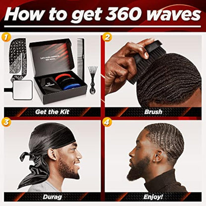 Roman-T 8-in-1 360 Wave Brush Kit - Grooming Kit for 360 Waves - 3 Wave Brushes, Soft, Medium & Hard - 2 Silky Satin Durag - Black & Black Paisley, Hand Mirror, Comb, Hair Brush Cleaner - Gift Set
