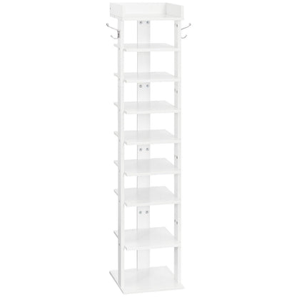 HOOBRO Narrow Shoe Rack, 9-Tier Tall Shoe Rack, Wooden Shoe Storage Organizer with 2 Hooks, Slim Shoe Shelf, Vertical Shoe Tower for Entrance, Living