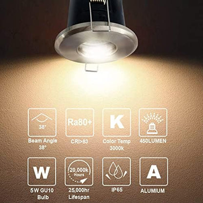 4XSweier 90 Minute Fire Rated LED Spotlights,5W 3000K Warm White IP65 Waterproof Bathroom LED Recessed Ceiling Lights,230V GU10 Downlight,Cut-Out 75mm. Satin Nickel(Non-dimmable)
