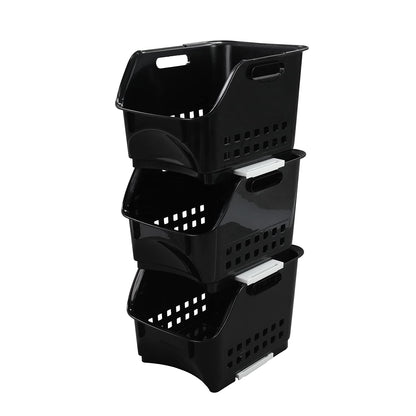 Morcte 3 Tier Stacking Baskets Storage Veg Rack Plastic Stackers, Black