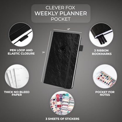 Clever Fox Pocket Weekly – Undated Monthly Goal Planner and Calendar, Mini Planner Perfect for Purse, 10x17.5cm (Black)