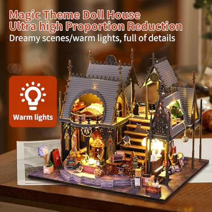 CRIOLPO DIY Doll Miniature House Kit, Book Nook Kit Doll house Miniature with Furniture DIY Wooden Crafts Mini Handmade Kit 3D Wooden Puzzle with Sensor Led Light (Luna's Magic House)