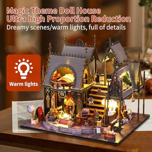 CRIOLPO DIY Doll Miniature House Kit, Book Nook Kit Doll house Miniature with Furniture DIY Wooden Crafts Mini Handmade Kit 3D Wooden Puzzle with Sensor Led Light (Luna's Magic House)