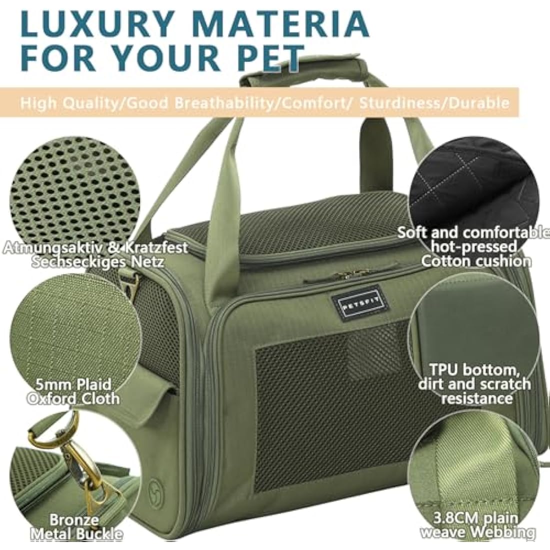 Petsfit Cat Carrier Large,Small Dog Travel Carrier with Soft Expandable Mat, Airline Approved Collapsible Transport Bag with Ventilation Quadrangle Oxford Fabric, Portable Cat Bag, Green