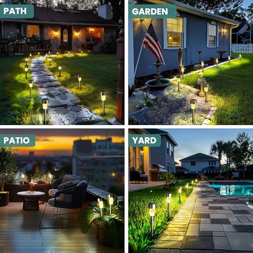 GIGALUMI Solar Lights Outdoor Garden Waterproof,24 Pack,Stainless Steel LED Solar Garden Lights for Patio, Lawn, Yard and Landscape Decor, Warm White