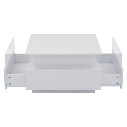 ModernLuxe LED Coffee Table with Storage, Square Acrylic Glass Tea Table, 2 Sliding Drawers, High Gloss White Center Table with Lights, 70x70x41cm