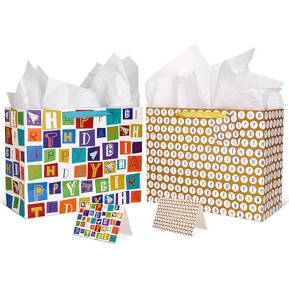 Giiffu 16.5'' Extra Large Gift Bags for Birthday Party with Card and Tissue Paper (Pack of 2, Happy Birthday), Gold and White