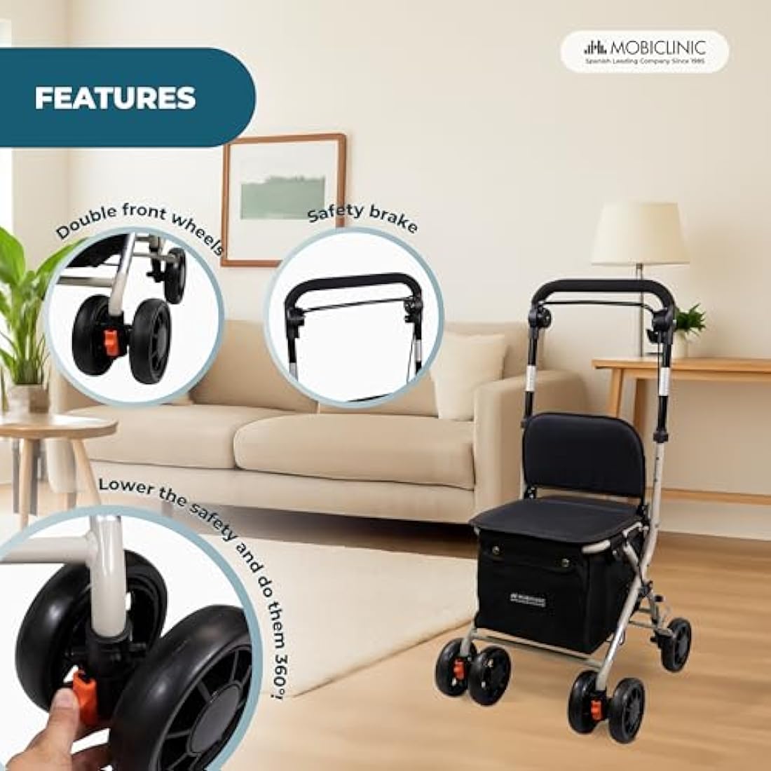 Mobiclinic®, Shopping Trolley with Seat, Mobility Walker, 21L, Coliseo, Walker for Adults, Foldable, Rollator, Trolley with Backrest, Shopping Trolley on Wheels, Bag Removable, Directional Locking