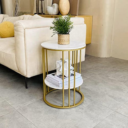 Marble Top Side Table Gold: Small Circle End Tables 40 x 54cm Sintered Stone Bedside with Metal Golden Legs Modern White Nightstand 2 Tier Round Sofa Coffee Table for Bedroom Living Room Furniture