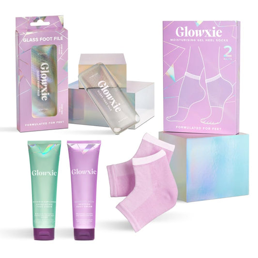 Glowxie Pedicure Set for Feet - Full Foot Care Kit - Features 1x Glass Foot File, 1x Foot Scrub (150ml), 1x Salicylic Acid Moisturising Foot Cream