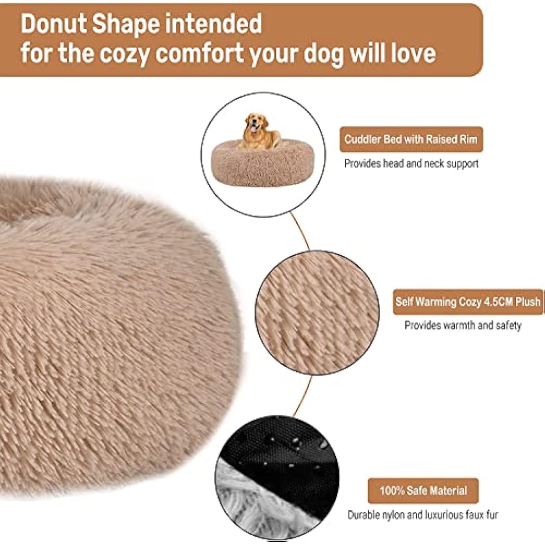 Comfy Calming Dog Beds Medium Washable,Anti Anxiety Donut Ped Bed,Luxury Warm Fluffy Improved Sleep Amazingly Cat Bed Cuddler,Anti-Slip Bottom Round Puppy Bed for Small Medium Cat Dog（L,Beige Brown）