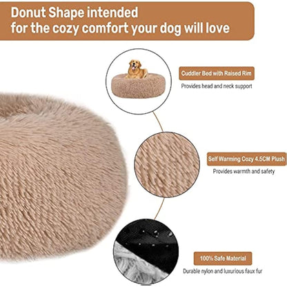 Comfy Calming Dog Beds Medium Washable,Anti Anxiety Donut Ped Bed,Luxury Warm Fluffy Improved Sleep Amazingly Cat Bed Cuddler,Anti-Slip Bottom Round Puppy Bed for Small Medium Cat Dog（L,Beige Brown）