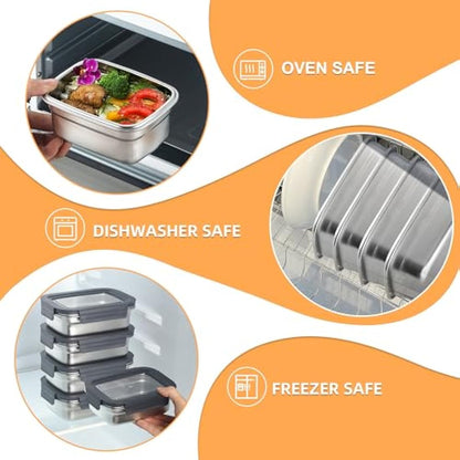 Misichao Stainless Steel Airtight Food Storage Containers with Lids - Stackable Meal Prep Food Containers for Kitchen & Pantry, Leakproof, Reusable Metal Bento Lunch Box 1100 ml 3 Count