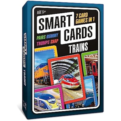 SMART CARDS Trains, Gift, Stocking Filler, Travel Card Game, 7 games in 1, Pairs, Snap, Trumps, Rummy, Memory Quiz, Trivia, Age 5+, 1-8 Players