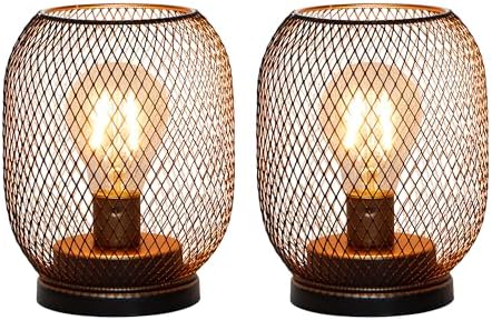 TRIROCKS Set of 2 Battery Operated Table Lamp, Metal Cage Cordless Lantern with LED Bulb, Oval Vintage Decorative Outdoor Lights for Weddings, Parties, Patio for Indoors Shelf