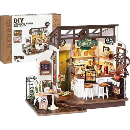 ROBOTIME DIY Wooden Dollhouse Set with Miniature Furniture, Model Building Set with Accessories and LED, Model Kit for Adult and Children, Holiday Birthday (NO.17 Coffee)