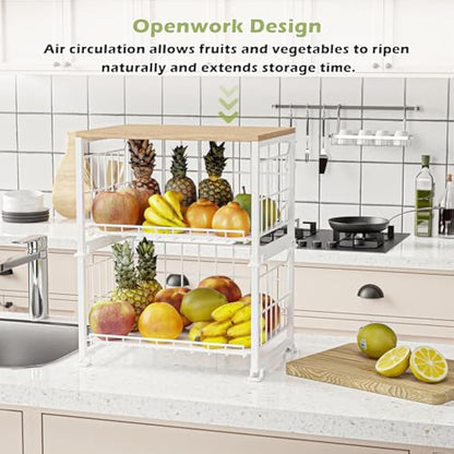 UMDONX Vegetable Storage Rack Kitchen Fruit Basket Bowl 3 Tier - Countertop Wire Veg Organiser Tiered Tabletop Stand Wooden Top (Durable Metal White)