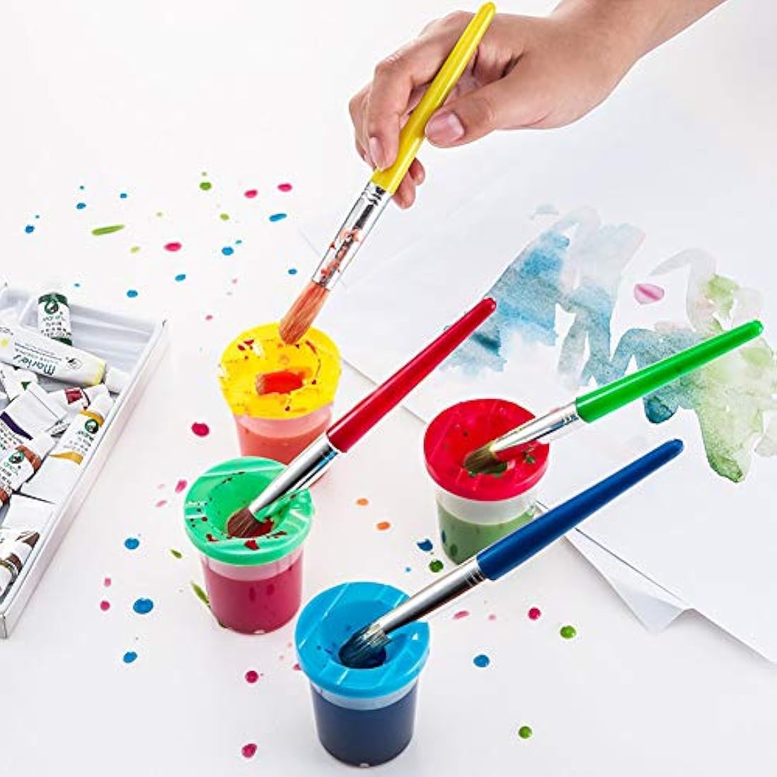FOVERN1 60 Pieces Sponge painting for Toddlers, Painting Brushes Kits for Kids, Foam Paint Brushes Set, Paint Cups with 1 PCS Waterproof Paint Apron