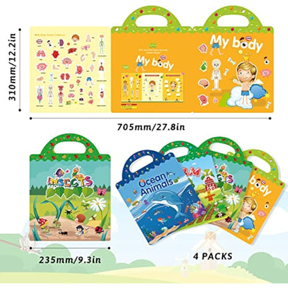 GUYUCOM 4 Pack Reusable Sticker Books, Toys for Age 2 3 4 Year Old Kids Boys Toddlers, 3D Clear Ocean Boay Insect Farm Sticker Book Educational Learning Toy Birthday Gifts