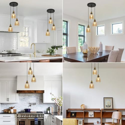 FORCOSO Vintage Glass Pendant Light 3 Lights - Pendant Lighting Ceiling with Glass Lampshade, Adjustable Height Hanging Lamp Fixture for Loft Kitchen Island Dining Room(NO Bulbs) - Cognac