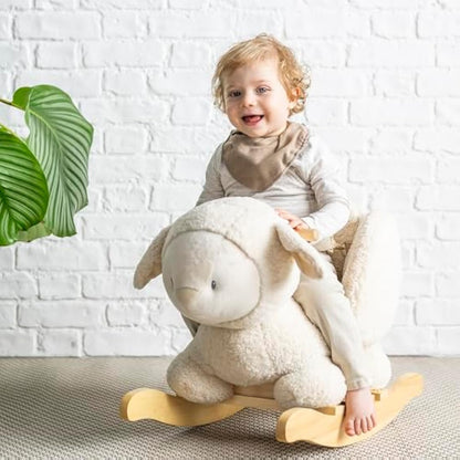 Nattou Wooden Rocker, Fully Padded Seat, Side Supports, Safety Belt, Handles For Small Hands, PETA-Approved Vegan, Soap-Water Cleaning, Super Soft Teddy Fabric Material, 10-36 Months, Ecru Sheep