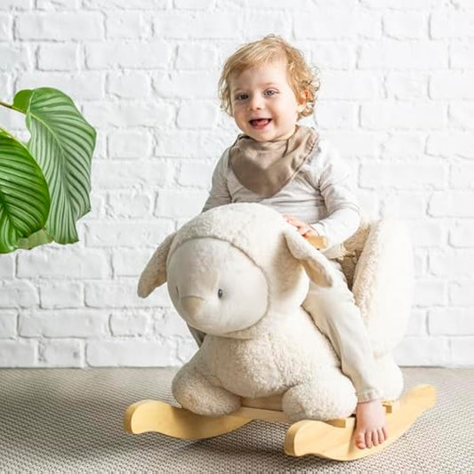 Nattou Wooden Rocker, Fully Padded Seat, Side Supports, Safety Belt, Handles For Small Hands, PETA-Approved Vegan, Soap-Water Cleaning, Super Soft Teddy Fabric Material, 10-36 Months, Ecru Sheep