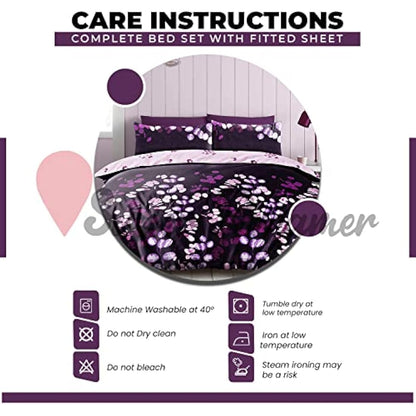 Super Dreamer Super Soft Double Bed Set Duvet Cover With Fitted Sheets & Pillowcases Botanical Bedding Set Reversible Quilt Covers, Purple, 714880