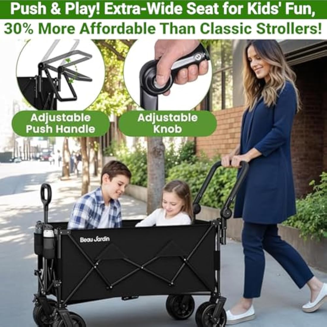 BEAU JARDIN XXL Festival Trolley Beach Cart - 220L 230KG(500LBS) Heavy Duty Folding Wagon All-Terrain Utility Wide Wheels for Camping & Shopping | Push & Pull Handle | Portable Collapsible | Black