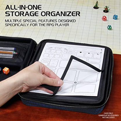 ENHANCE Collector's Edition RPG Organizer Case - DnD Binder with Built-in Character Sheet Holder and Erasable Scribe Panel, Dice Rolling Area, Removable Pen Pouch, Miniature Foam Tray (Dragon Blue)