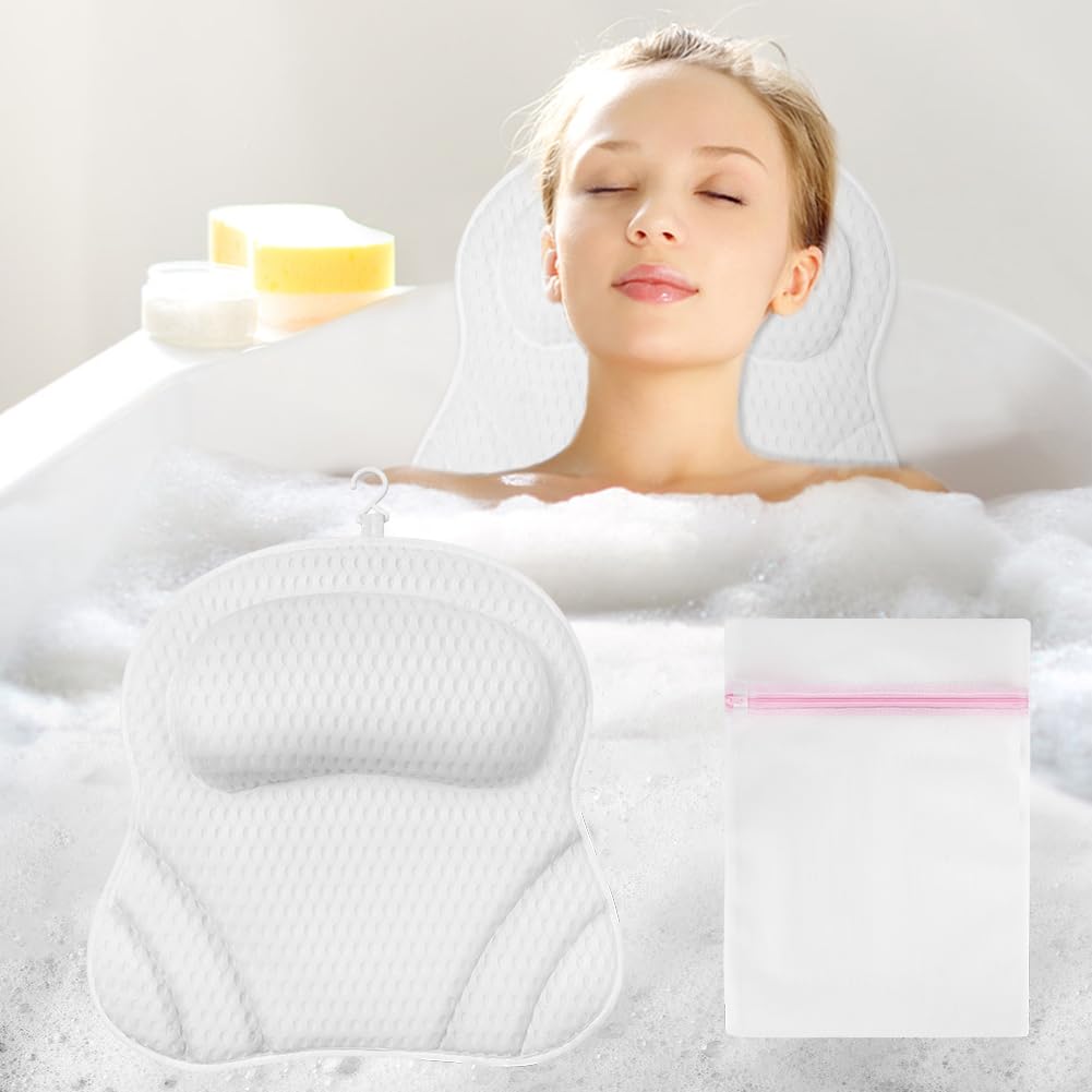 Flintronic Bath Pillow, 4D Luxury Bath Bathtub Pillow for Head, Neck, Shoulder and Back Support, Ergonomic Breathable Mesh SPA Tub Pillow with 6