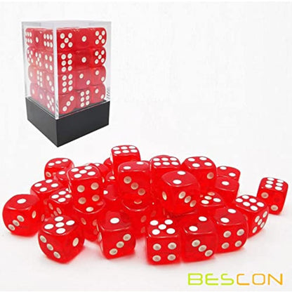 Bescon 12mm 6 Sided Dice 36 in Brick Box, 12mm Six Sided Die (36) Block of Dice, Translucent Red with White Pips