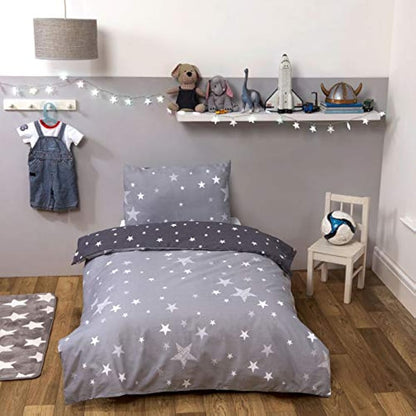 Dreamscene Galaxy Stars Duvet Cover with Pillowcase Kids Reversible Charcoal Bedding Set, Silver Grey,2 pieces, Single