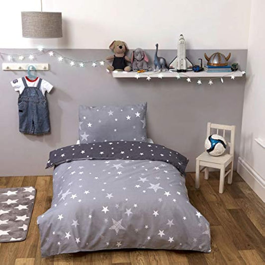 Dreamscene Galaxy Stars Duvet Cover with Pillowcase Kids Reversible Charcoal Bedding Set, Silver Grey,2 pieces, Single