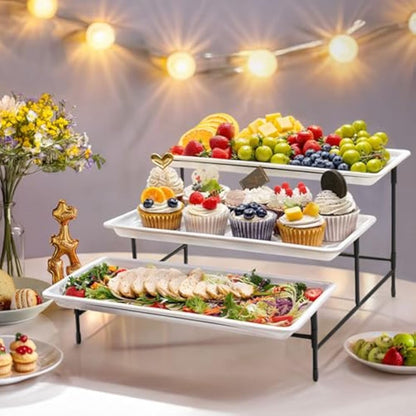 Lifewit 3-Tier 35.5x16.5cm Plastic Serving Platter, Reusable Tray with Collapsible & Stable Metal Stand – Ideal for Lightweight Food Display at Party, Afternoon Tea Cake, Fruit, Cookies, Dessert