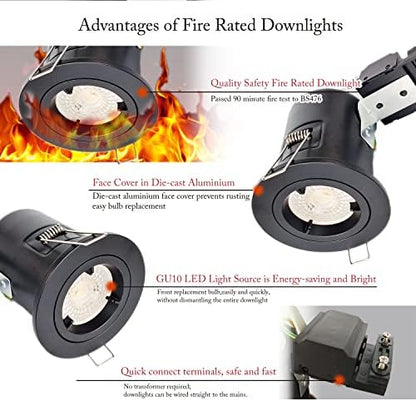 4XSweier 90 Minute IP20 Fire Rated Black Recessed Ceiling Spotlight, LED Downlight 5W Warm White 3000K, Spotlight with GU10 Junction Box (Non-Dimmable)