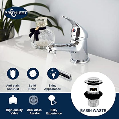 Basin Mixer Tap with Pop Up Waste, BATHWEST Classic Brass Chrome Monobloc Bathroom Sink Taps with Sink Plug, Single Lever Morden Basin Taps with Waste 022NCR