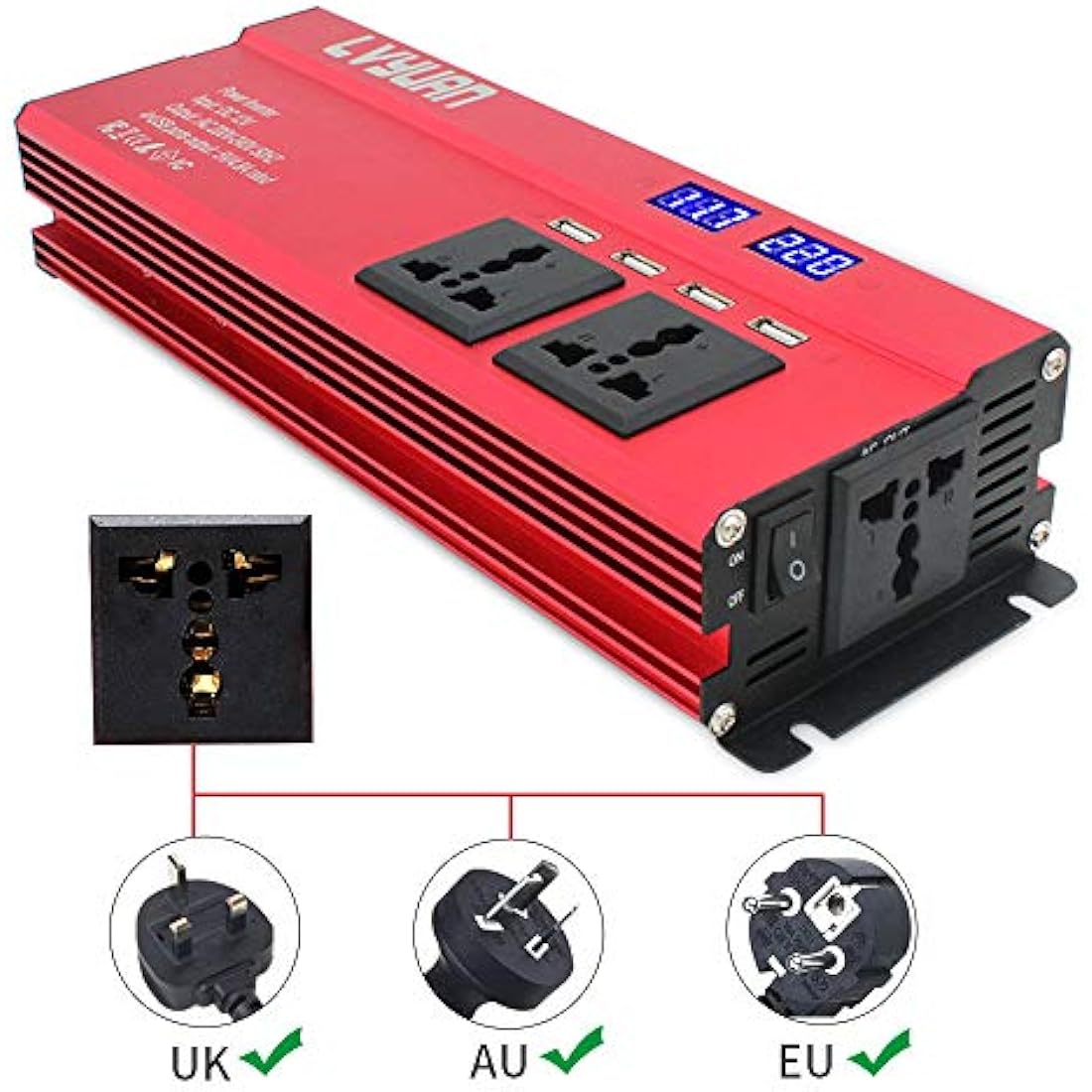 Cantonape Power Inverter 1000W/2000W (peak) DC 12V to AC 230V 240V Converter with 4 USB Interfaces 3 Universal sockets Cigarette Lighter Adapter in Car Crocodile Clip