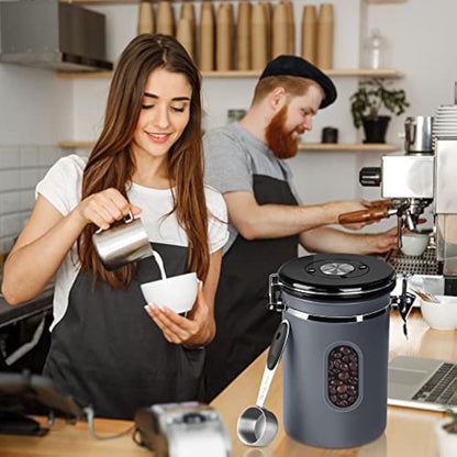 2800ML Airtight Coffee Canister with Date Tracker and Transparent Window, 35OZ Coffe Beans Storage with 30ML Measure Spoon&4 co2 Valve, Coffee Container for Grounds Coffee, Beans, Tea, Sugar&Flour