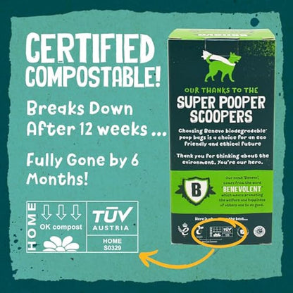 Benevo Biodegradable poop bags (720pk). Compostable doggy poo bags. Plastic free disposable waste eco bags. EN13432 certified cornstarch green doggie bags. (6 Pack (720 bags))