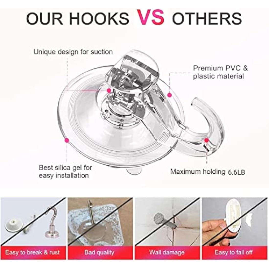 Elegear Suction Hooks for Bathroom, 3Kg Heavy Duty Plastic Strong Vacuum Suction Cup, Reusable Sucker Hook for Shower Kitchen Window Front Door Hanging Towel Caps Bags Coats Xmas Wreath, 2 Pack, Clear