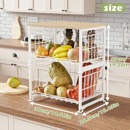 UMDONX Vegetable Storage Rack Kitchen Fruit Basket Bowl 3 Tier - Countertop Wire Veg Organiser Tiered Tabletop Stand Wooden Top (Durable Metal White)