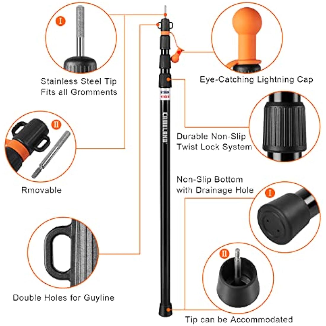 CAMULAND Heavy Duty Tent Poles Set of 2, 34.5” - 110.2” Aluminum Tent Poles for Adjustable, Portable Replacement Telescoping Tent Poles for Camping, Hammock and Awning-4 Section
