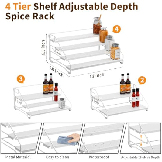ZDDLOINP 4-Tier Spice Rack for inside cupboard, Kitchen Countertop Spice Rack, Depth Adjustable Spice Racks Organiser for Counter, Cupboard, Pantry White (1 Pack)
