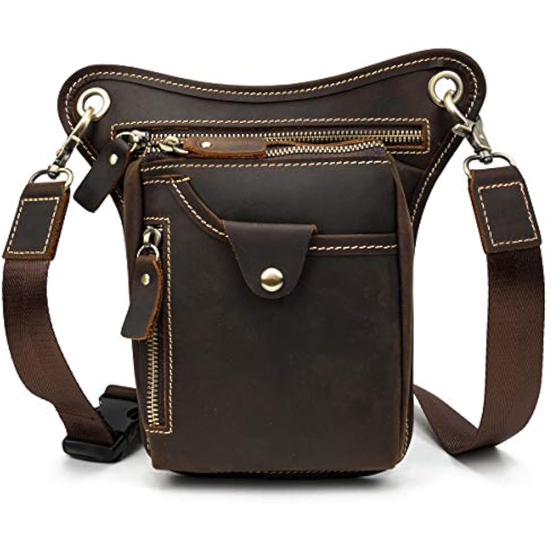 Mens Genuine Leather Messenger Shoulder Bag Motorcycle Bike Riding Cycling Multi-Purpose Thigh Waist Fanny Pack Travel Hiking Sports Camping Pouch, Dark Brown