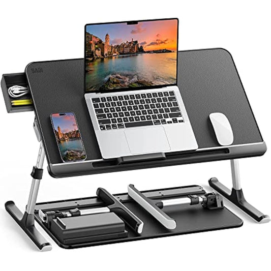 Laptop Bed Table, SAIJI 100% Eco-friendly wooden planks, Laptop Stand with Drawer, Folding Legs, 40kg Load, Angle Height Adjustable, Reading, Eating on Bed, Sofa, Laptop Lap Desk (Black 23.6*12.6in)
